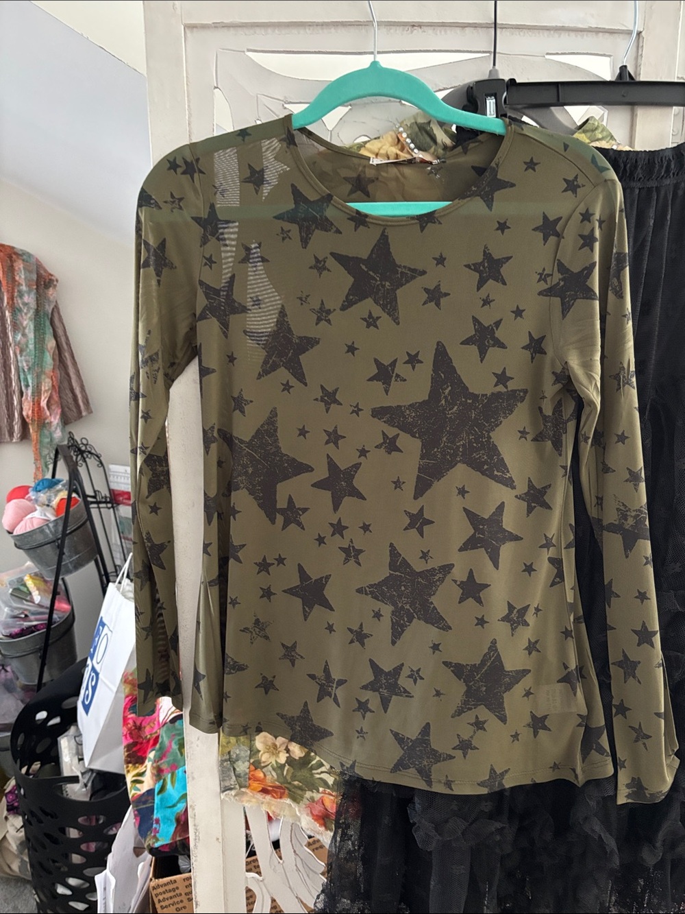 Olive Star-Print Long-Sleeve Top